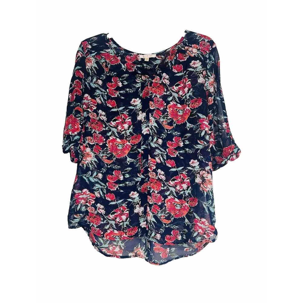 Anthropologie Skies Are Blue Mayven V-Neck Blouse Navy Floral Sz M Button Up